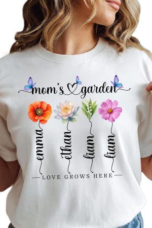 Custom Mom or Grandma T-Shirt with Child's Name, Personalized Flower Print Name T-Shirt, for Mom or Grandma, Women, Mammy, Nana, Flowers According to Birth Month